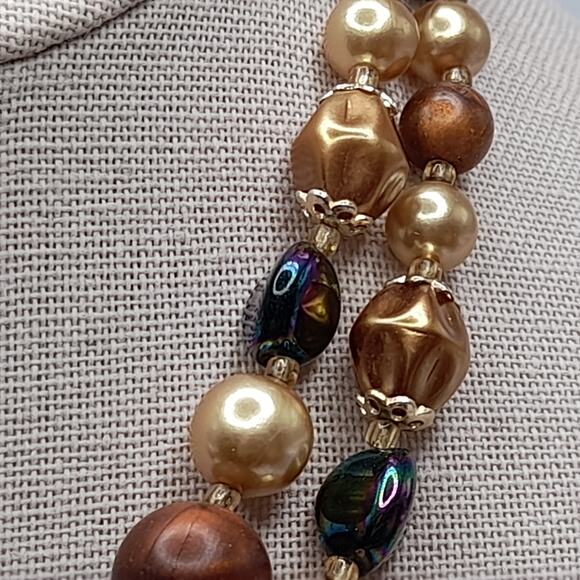 Vintage Japan Art Bead Necklace, Two Strands, Iridescent Earth Tones, 16" - Picture 7 of 13